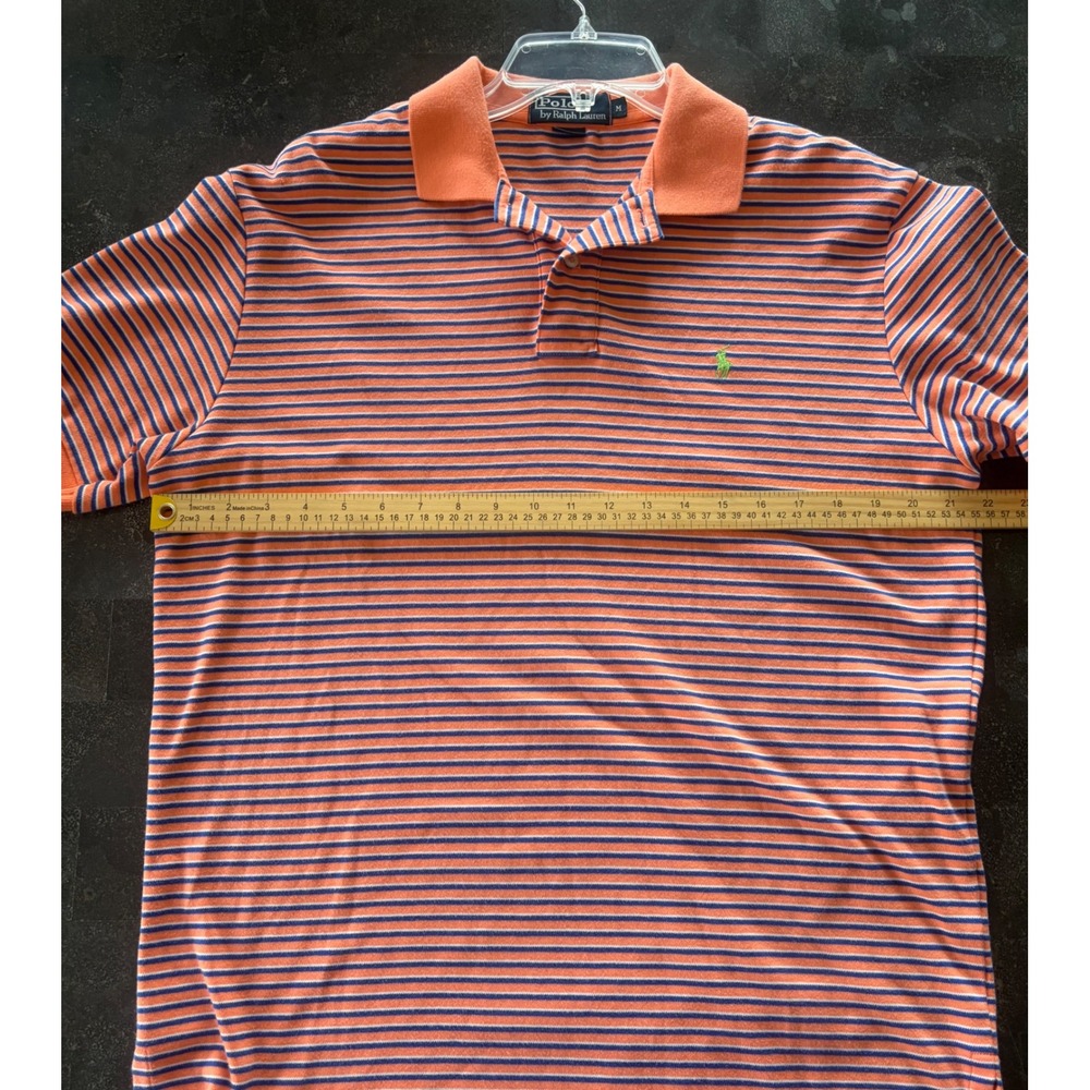 Polo Ralph Lauren Mens Medium Orange Navy Striped Short Sleeve Polo Shirt Cotton - Picture 5 of 6